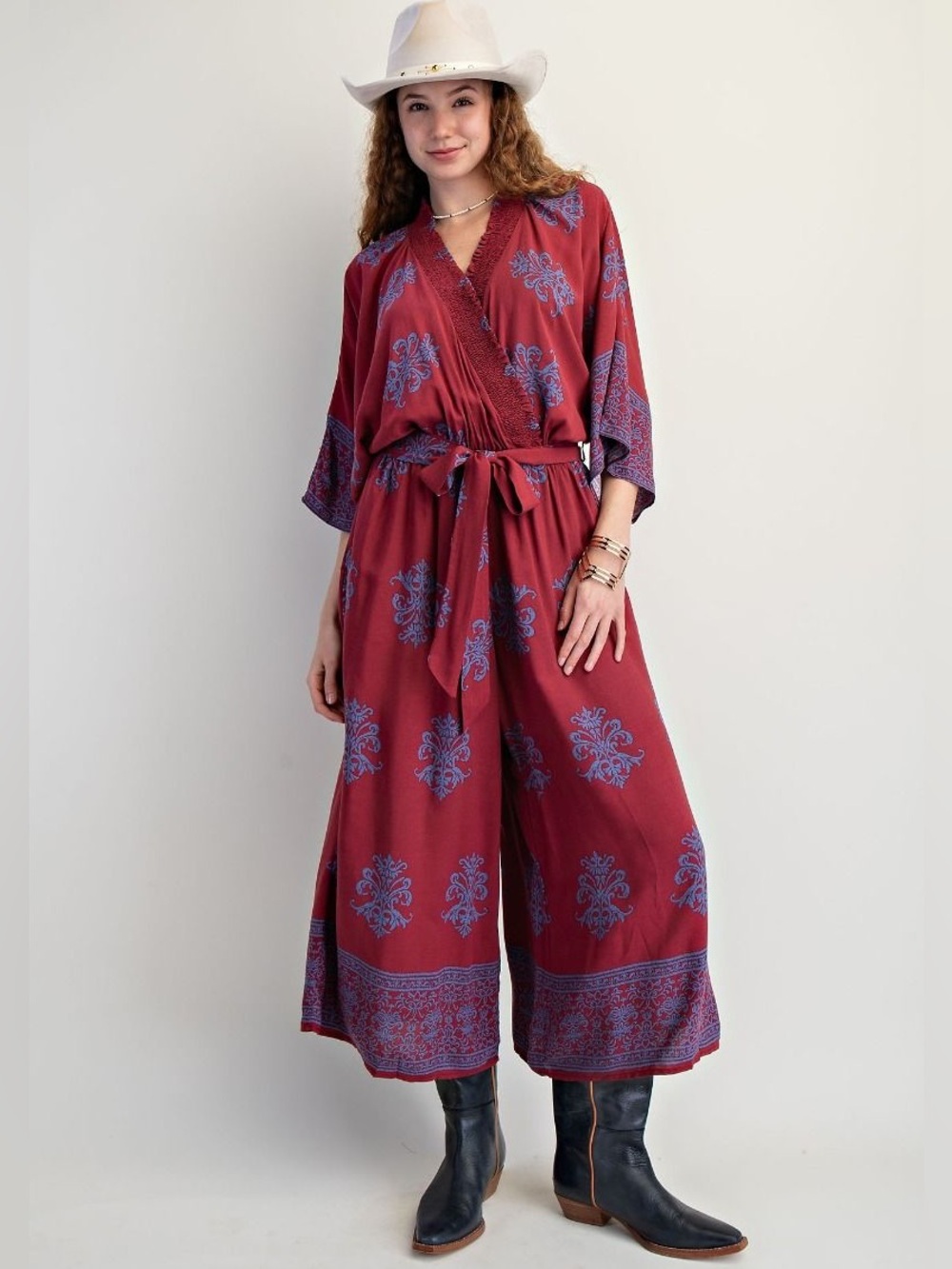 easel Maroon Printed Wide-Leg Jumpsuit with Tie Waist